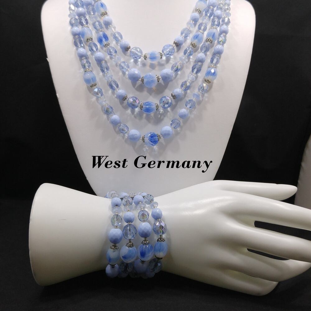 Vintage West Germany Blue Art Glass Crystal Necklace Bracelet Set